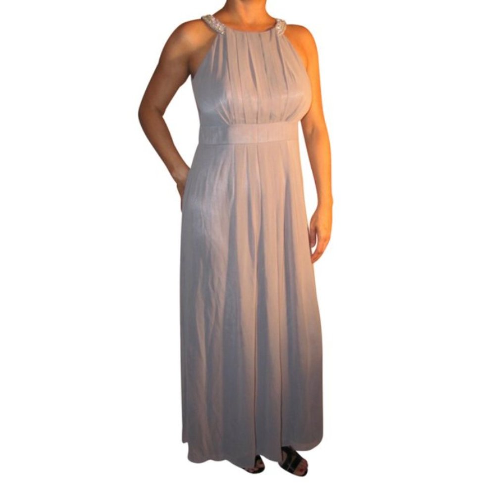 Eliza J Beaded Neck Halter Chiffon Gown